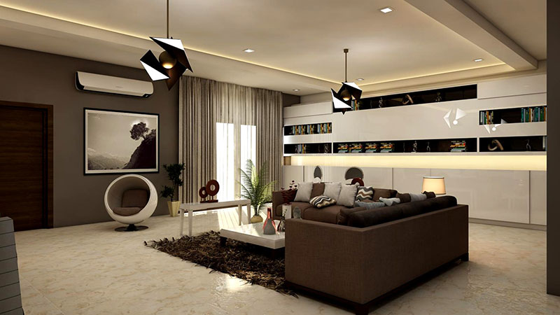 Open living room with brown couch and modern ceiling lights and a decorative chair