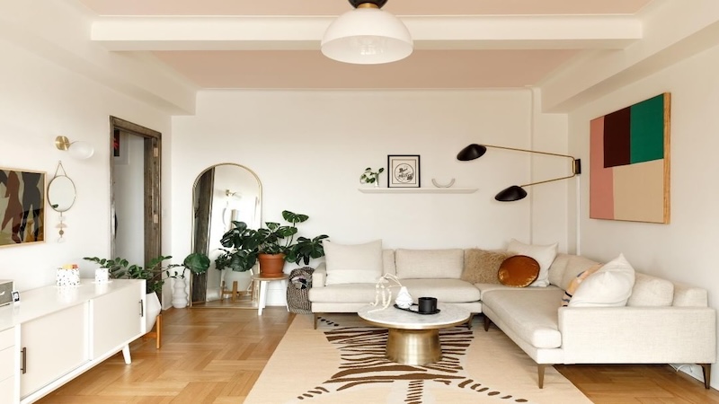 Living room with a beige couch and a coffee table with a floor plant to the left