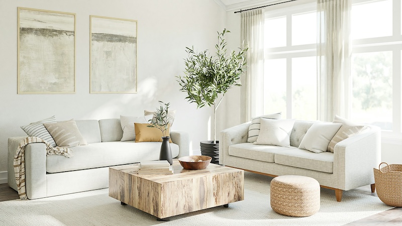 Living room with beige couches and a coffee table with a floor plant in between