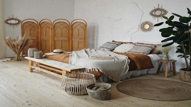 Beige bed in a bedroom